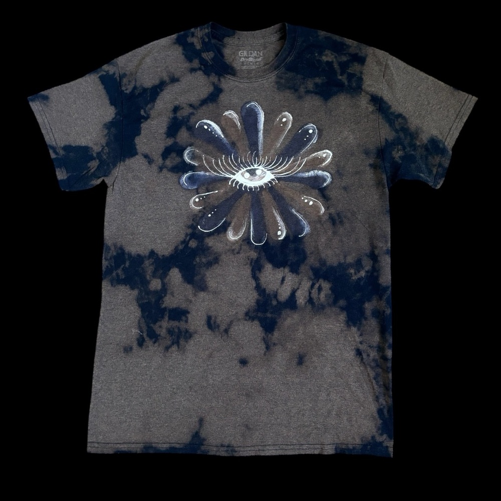 Tie Dye Psychedelic Flower Shirt Navy Blue Handmade Size M